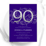 Elegant Purple Silver 90th Birthday Invitation<br><div class="desc">Elegant purple silver 90th birthday party invitation. Customizable modern feminine design featuring roses botanical accents and faux glitter silver. Simple floral invite card perfect for a stylish female bday celebration. Personalize with your own details. Printed Zazzle invitations or instant download digital printable template.</div>