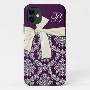 Elegant Purple Silver Damask Diamond Bow Monogram iPhone 11 Case
