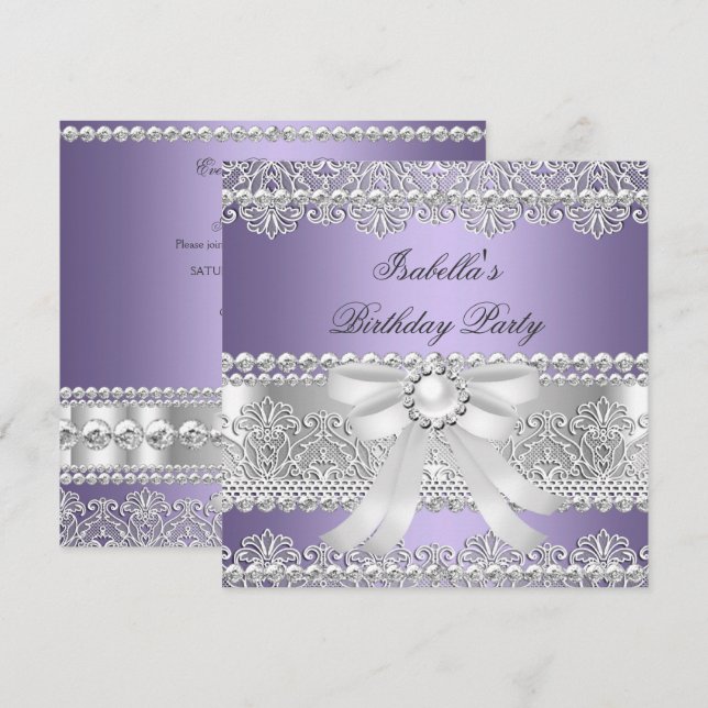 Elegant Purple Silver Diamond Pearl Birthday Party Invitation (Front/Back)