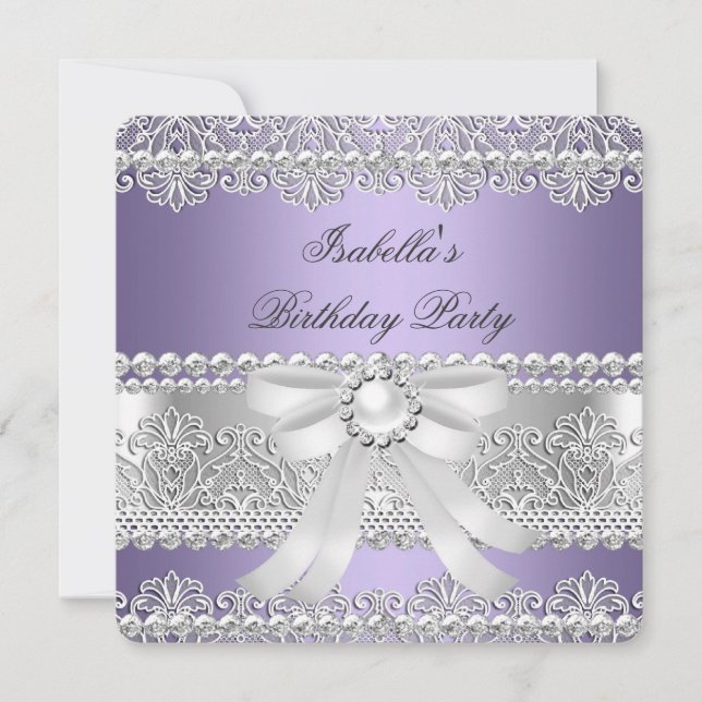 Elegant Purple Silver Diamond Pearl Birthday Party Invitation (Front)