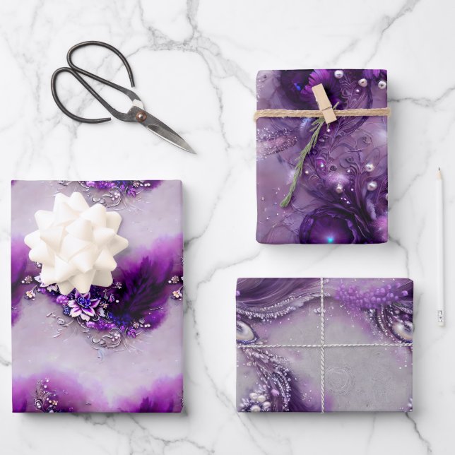 Elegant Purple Silver Feather Christmas Beaded Wrapping Paper Sheet (Front)