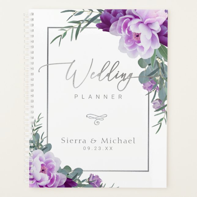 Elegant Purple & Silver Floral Eucalyptus Wedding Planner (Front)