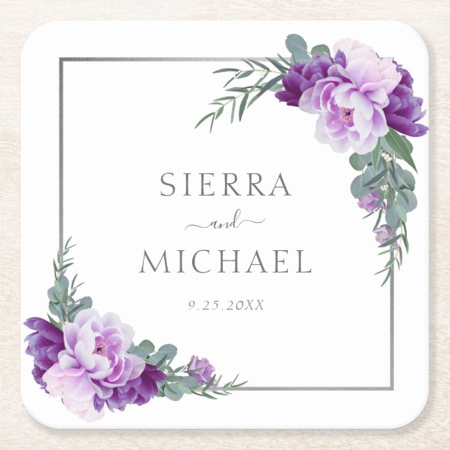 Elegant Purple & Silver Floral Eucalyptus Wedding Square Paper Coaster (Front)