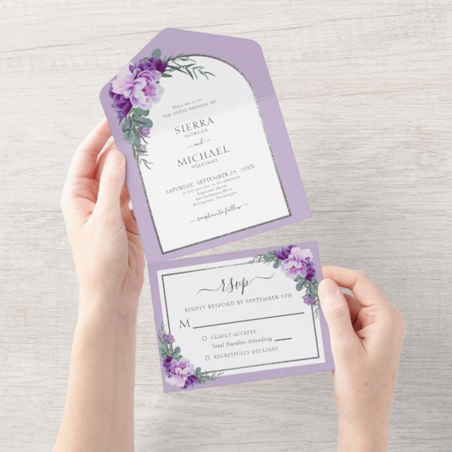 Elegant Purple Silver Floral Foliage Wedding Arch All In One Invitation (Tearaway)