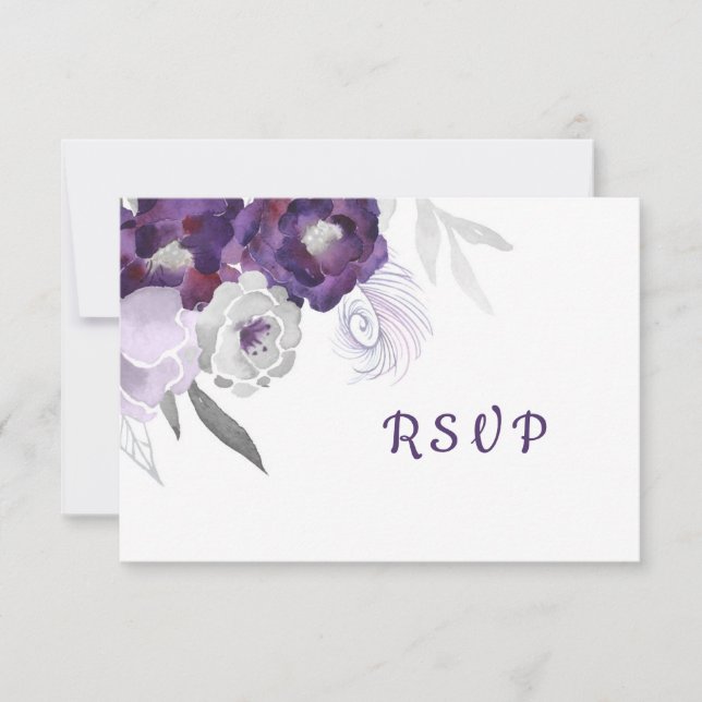 Elegant Purple Silver Floral RSVP reply card (Front)
