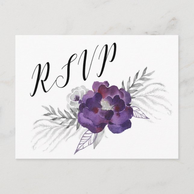 Elegant Purple Silver Grey Floral RSVP reply Invitation Postcard (Front)