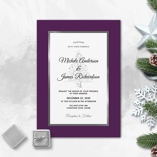 Elegant Purple Silver Holiday Winter Wedding Invitation (Creator Uploaded)