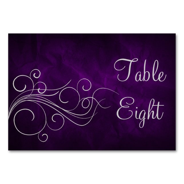 Elegant Purple Silver Swirl Table Number (Front)