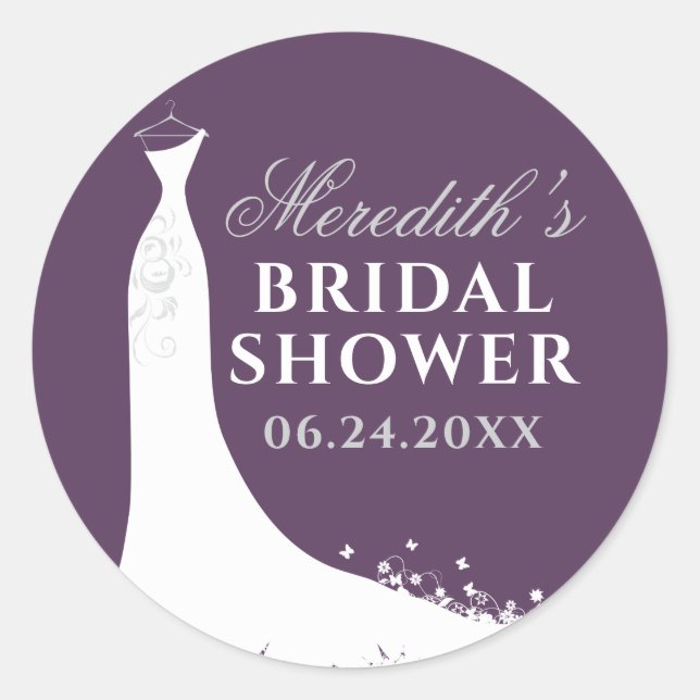 Elegant Purple Silver Wedding Gown Bridal Shower Classic Round Sticker (Front)