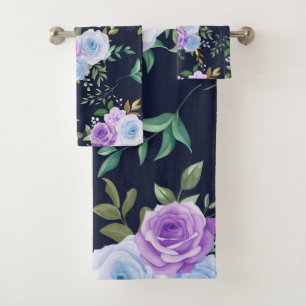 Elegant purple sky blue floral  bath towel set