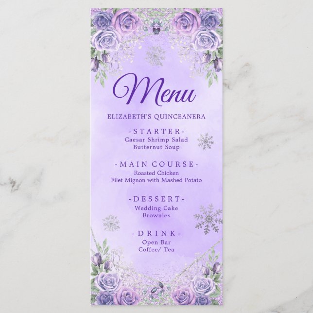 Elegant Purple Snowflake Christmas Mis Xv Años Menu (Front)