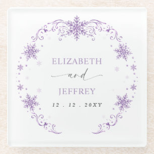 Elegant Purple Snowflakes Winter Wedding Glass Coaster