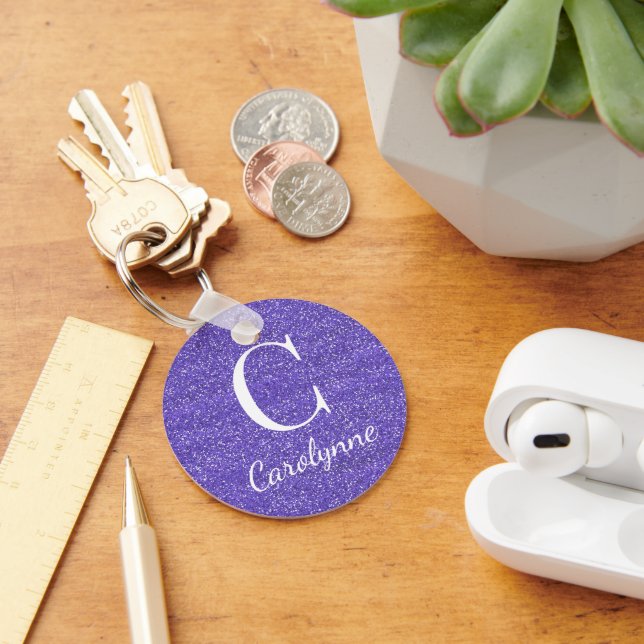 Elegant Purple Sparkle Glitter Monogram Keychain (Desk)