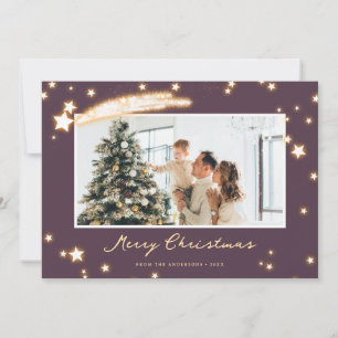 Elegant Purple Sparkly Star Photo Christmas Card