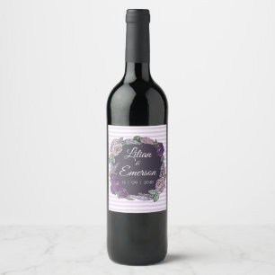 Elegant Purple Striped Floral Wedding Anniversary Wine Label