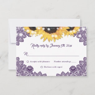 Elegant Purple Sunflower Floral Lace Wedding RSVP Card