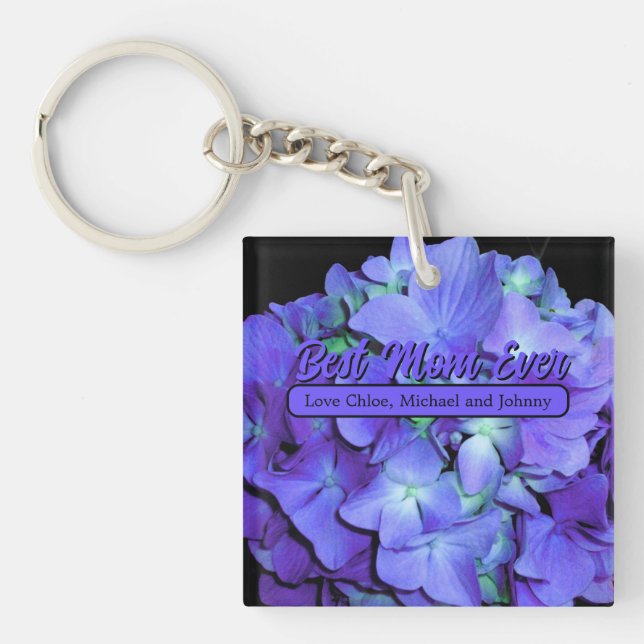 Elegant purple teal floral hydrangeas keychain (Front)
