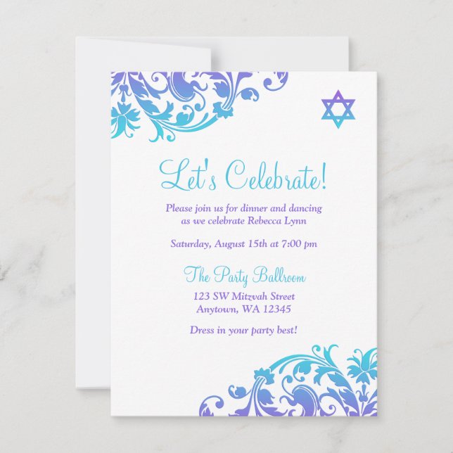Elegant Purple Teal Flourish Bat Mitzvah Reception Invitation (Front)