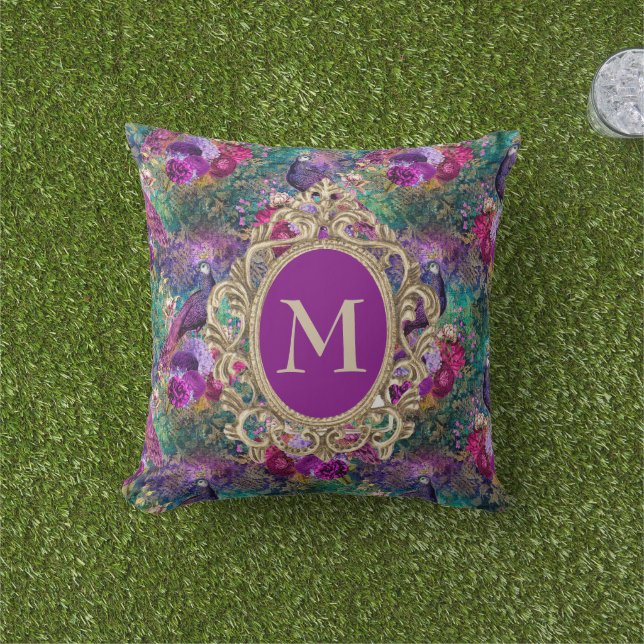 Elegant Purple Teal Peacock Floral Gold Monogram  Outdoor Pillow (Grass)