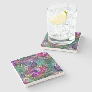 Elegant Purple Teal Peacock Floral Stone Coaster