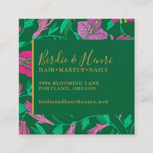 Elegant Purple Tropical Floral on Green Square Business Card