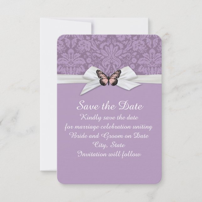 Elegant Purple Tudor Damask Save the date (Front)
