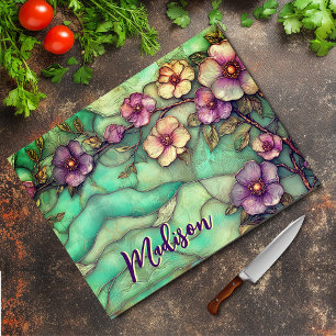 Elegant Purple Turquoise Stained Glass Floral Art Cutting Board