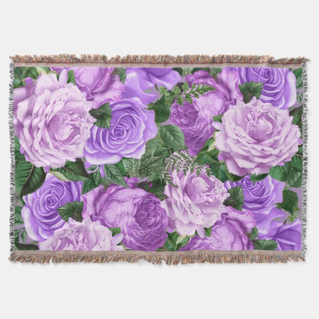 Elegant Purple Vintage Floral Roses Throw Blanket (Front)