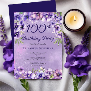 Elegant Purple Violet Floral 100th Birthday Party Invitation