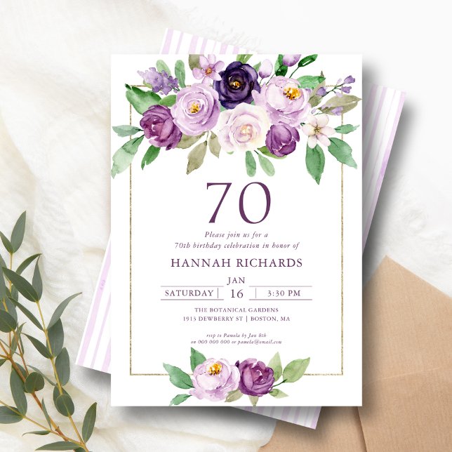 Elegant Purple | Violet Floral 70th Birthday  Invitation (Creator Uploaded)