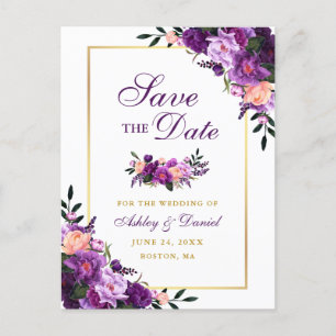 Elegant Purple Violet Floral Gold Save the Date Announcement Postcard