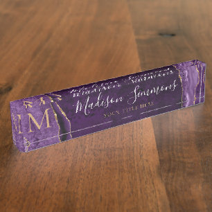 Elegant Purple Violet Gold Agate Geode Monogram Nameplate