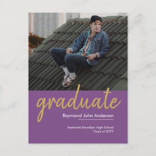 Elegant Purple Violet Gold Script Photo Graduation Announcement Postcard