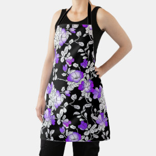 Elegant Purple Violet White Black Floral Pattern Apron