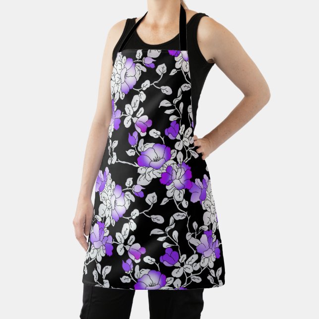 Elegant Purple Violet White Black Floral Pattern Apron (Insitu)