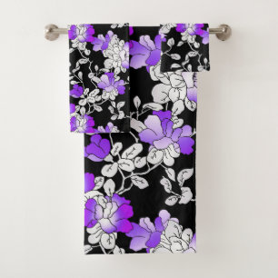 Elegant Purple Violet White Black Floral Pattern Bath Towel Set
