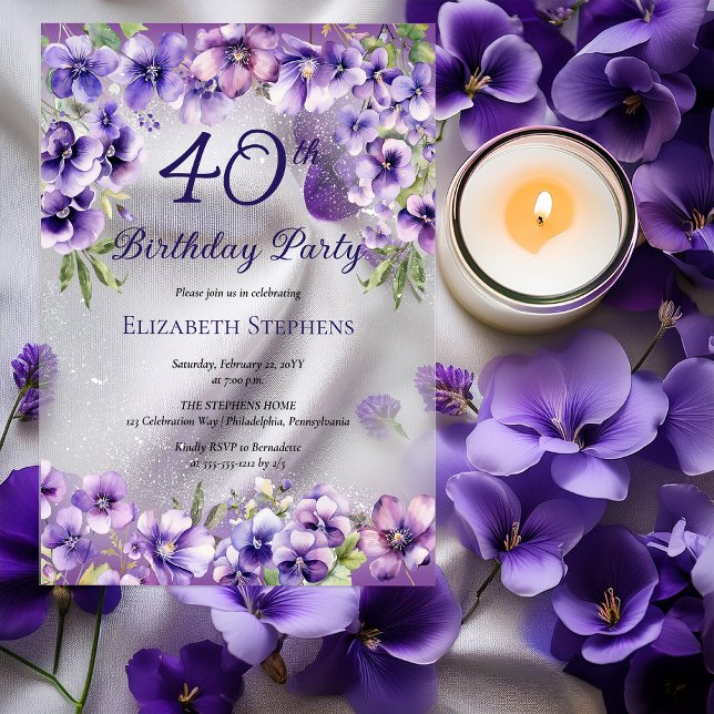 Elegant Purple Violets Floral 40th Birthday Party  Acrylic Invitations (Elegant Purple Violets Floral 40th Birthday Party Acrylic Invitations)