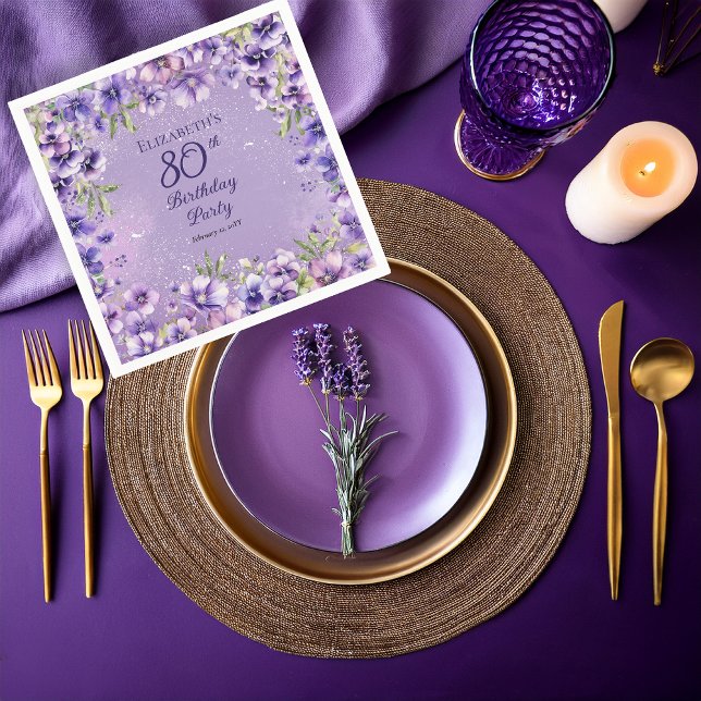 Elegant Purple Violets Floral 80th Birthday Party  Napkin (Boho Elegant Purple Violets Floral 80th Birthday Party Napkins)