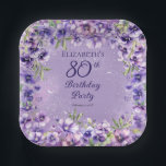 Elegant Purple Violets Floral 80th Birthday Party  Paper Plate<br><div class="desc">Elegant purple violets floral design "80th Birthday Party" design featuring a floral top and bottom swag of violets on a distressed violet and white stardust background.</div>