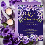 Elegant Purple Violets Floral 90th Birthday Party<br><div class="desc">Elegant purple violets floral design "90th Birthday Party" gold foil design featuring a floral top and bottom swag of violets and real gold foil text with a distressed violet and white stardust background on back.</div>