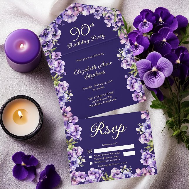 Elegant Purple Violets Floral 90th Birthday Party All In One Invitation (Elegant Boho Purple Violets Floral Formal 90th Birthday Party All in One Gold Foil Invitation)