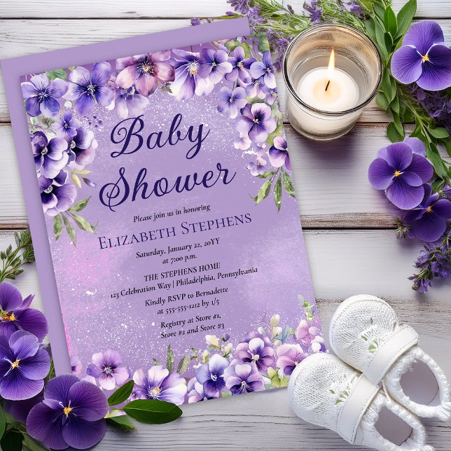 Elegant Purple Violets Floral Baby Shower Invitation (Elegant Boho Purple Violets Lavender Floral Baby Shower Invitation - Print | Digital Download)