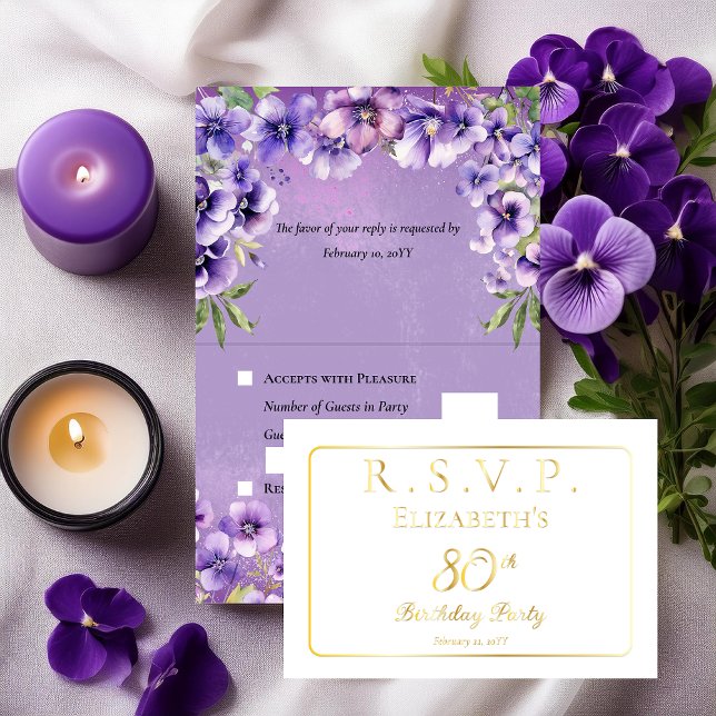 Elegant Purple Violets Floral Birthday Party RSVP Foil Card (Elegant Purple Violets Floral 80th Birthday Party RSVP Foil Invitation Folded Insert Enclosure Card)