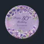Elegant Purple Violets Floral Happy 80th Birthday Paper Plate<br><div class="desc">Elegant purple violets floral design "Happy 80th Birthday" design featuring a floral top and bottom swag of violets on a distressed violet and white stardust background.</div>