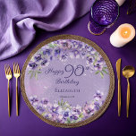 Elegant Purple Violets Floral Happy 90th Birthday Paper Plate<br><div class="desc">Elegant purple violets floral design "Happy 90th Birthday" design featuring a floral top and bottom swag of violets on a distressed violet and white stardust background.</div>
