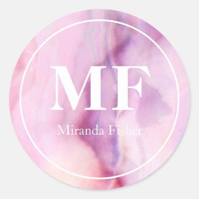 Elegant Purple Watercolor Agate Pattern - Monogram Classic Round Sticker (Front)
