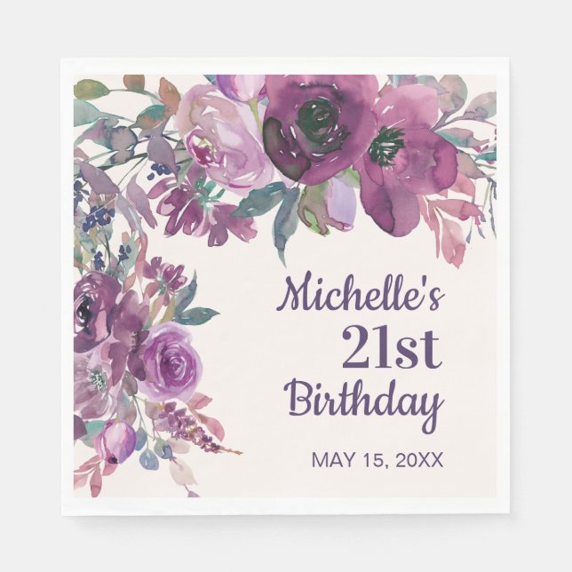 Elegant Purple Watercolor Floral 21st Birthday Napkin (Front)