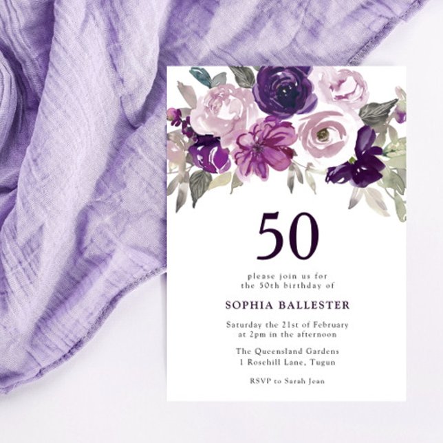 Elegant Purple Watercolor Floral 50th Birthday Invitation (Creator Uploaded)