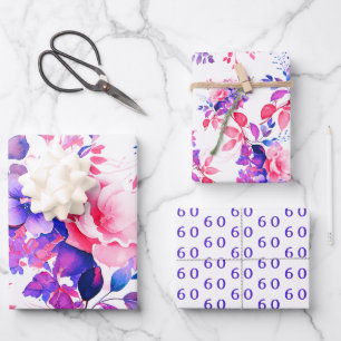 Elegant Purple Watercolor Floral 60th Birthday Wrapping Paper Sheet