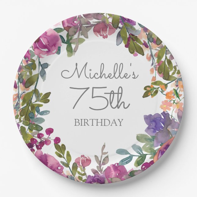 Elegant Purple Watercolor Floral 75th Birthday  Paper Plate (Front)